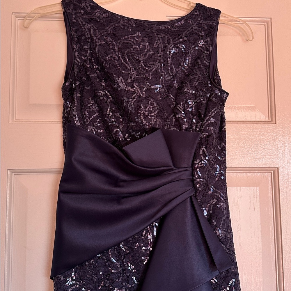 Eliza J. Sequins lace boatneck sleeveless ruffle front slit gown - Picture 7 of 12